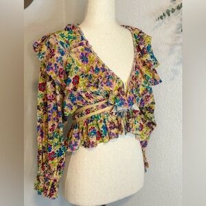 Free People Ruffled Floral Cropped Top XS Deep V-Neck